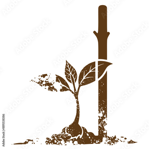 Vintage Grunge texture seeds turning into plants with green leaves and a small stem plant development concept