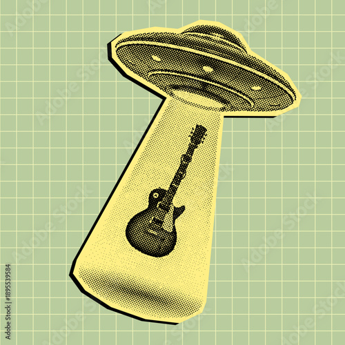UFO beaming up electric guitar in retro halftone style illustration