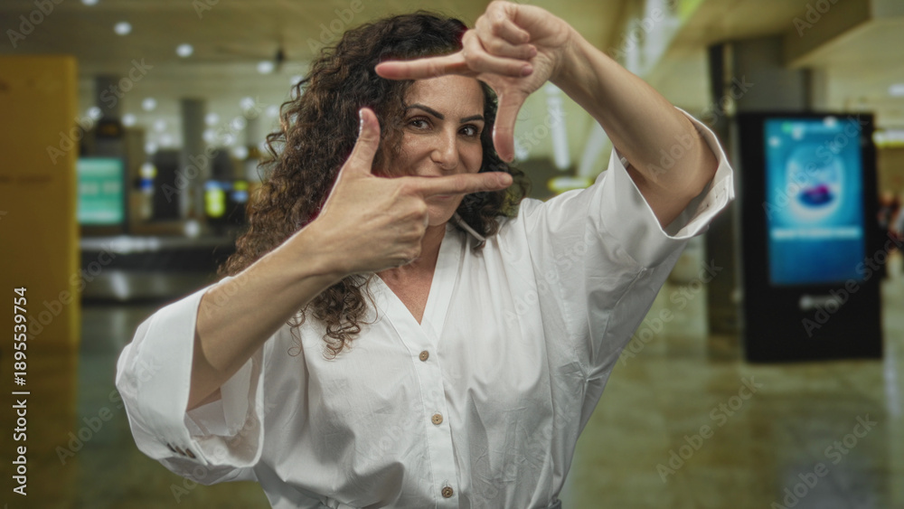 Obraz premium Woman in white shirt framing composition with fingers at crowded airport terminal; curiosity vision.