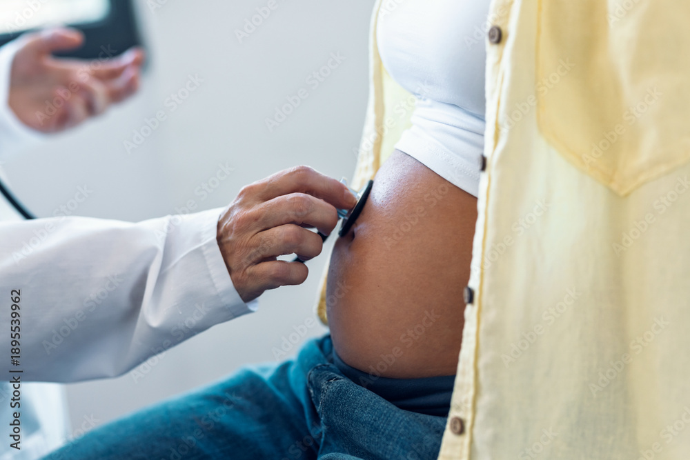 Obraz premium Female gynecologist checking the heartbeat baby of her pregnant patient in the clinic.