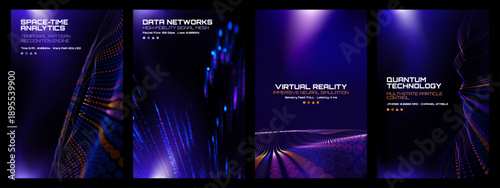 Abstract digital background set with space-time analytics, data networks, virtual reality, and quantum technology concepts. Modern vector illustration.
