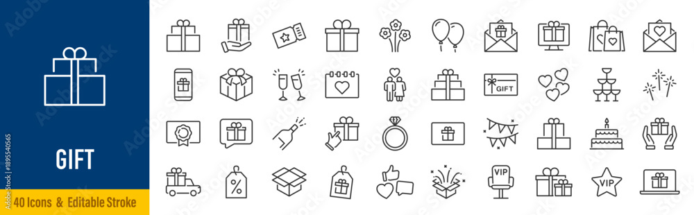 Fototapeta premium Gift web icons in line style. Bonus, award, prize, discount, birthday, gift box, collection. Editable stroke. Vector illustration.