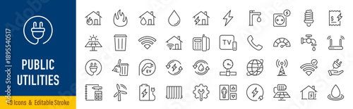 Public utilities web icons in line style. Rent receipt, electricity, water, gas, garage, heating, collection. Vector illustration.