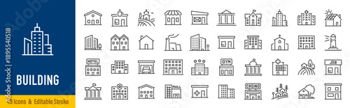 Building web icons in line style. Hotel, hospital, apartament, city, town house, mall, coffee, collection. Vector illustration.