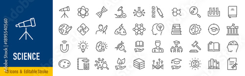 Science web icons in line style. Genetics, biology, chemistry, astronomy, logics, psychology, medicine, collection. Vector illustration.