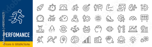 Performance web icons in line style. Speed, improvements, charts, boost, power, collection. Editable stroke.  Vector illustration.