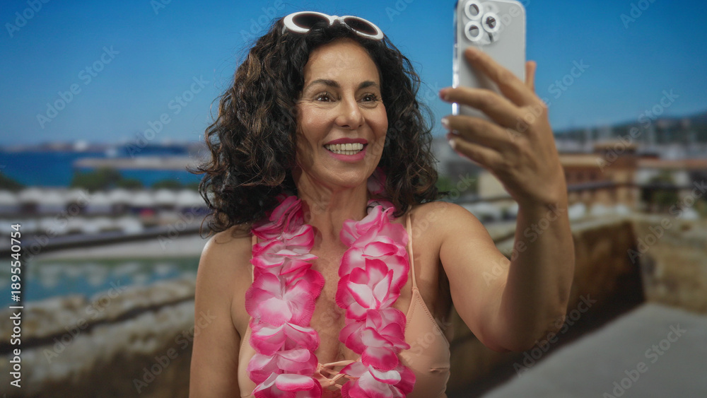© Krakenimages.com - Middle age hispanic woman wearing bikini top and floral lei holds smartphone with outstretched arm for selfie at port; tropical vacation joy relaxation.