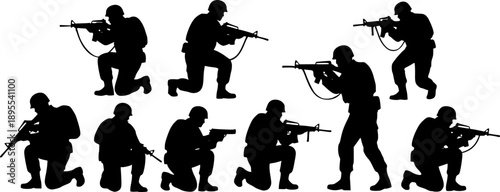 Army silhouette of men soldiers with weapons, a large military vector