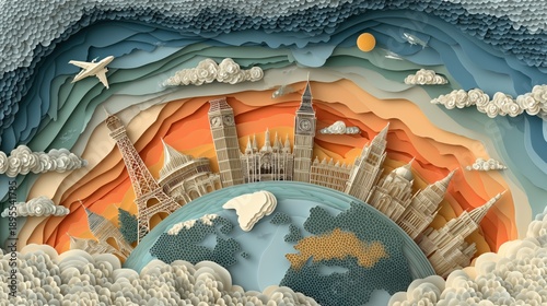 Paper cut style illustration of travel around the world concept. Famous global landmarks, Eiffel Tower, Big Ben and airplane on earth globe. Tourism and vacation background