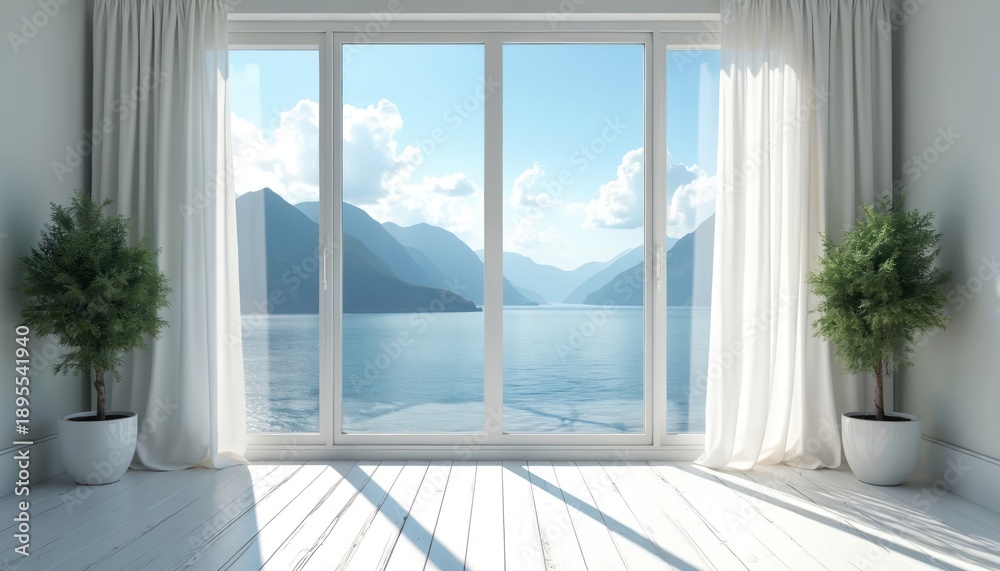 Fototapeta premium Empty room with floor to ceiling windows frames stunning mountain and sea panorama. White curtains drape elegantly, framing rich greenery outside. Natural light fills space.