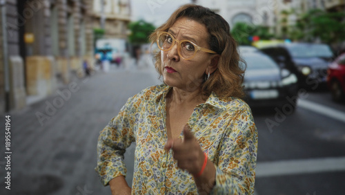 фотографія Woman points finger to camera on busy city street with parked cars and ornate building facades; blame