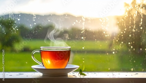 Hot tea by the window with raindrops and green background, calm morning atmosphere, stay home and relaxing concept.