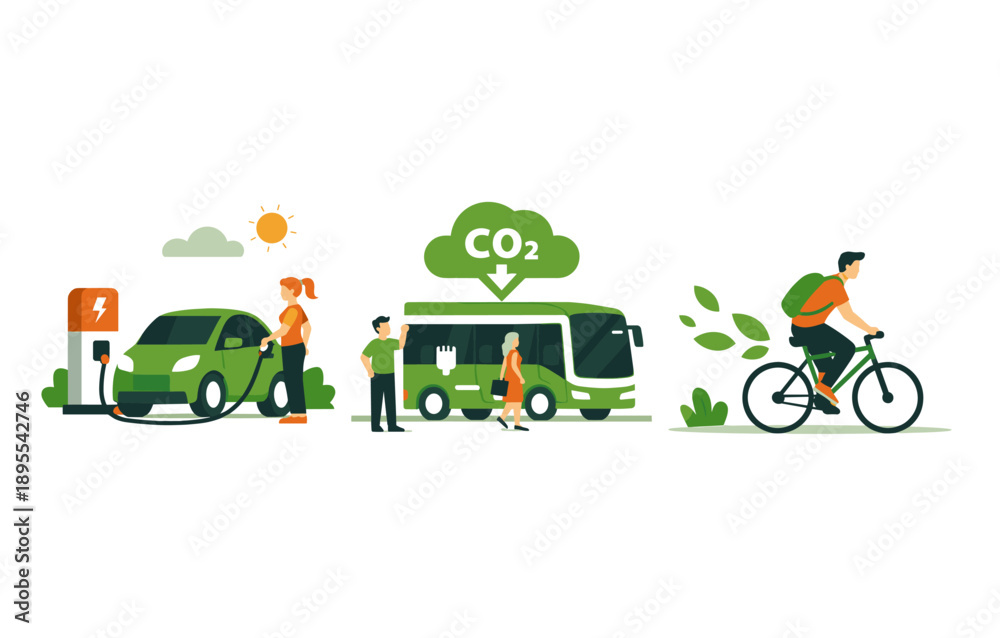 Fototapeta premium Eco-friendly transportation: electric car, bike, and bus with green energy concept