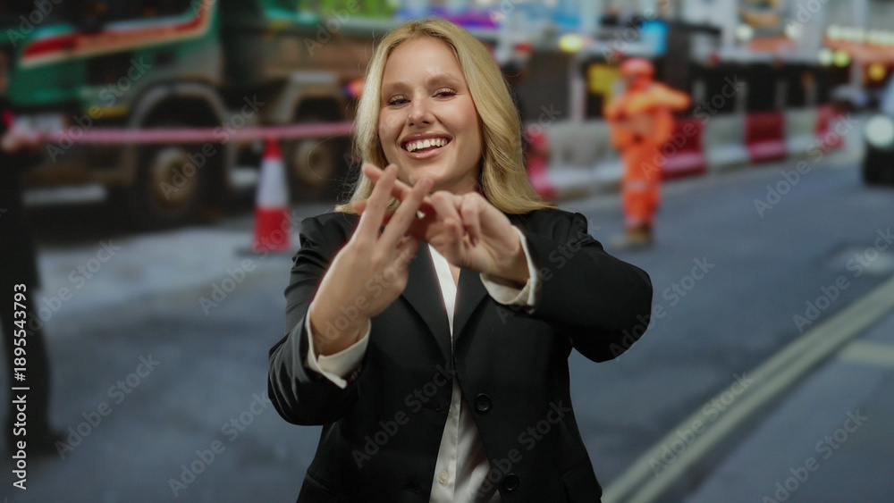 Fototapeta premium Woman smiling at construction site showing hashtag gesture wearing black outfit on urban street with people working in the background.