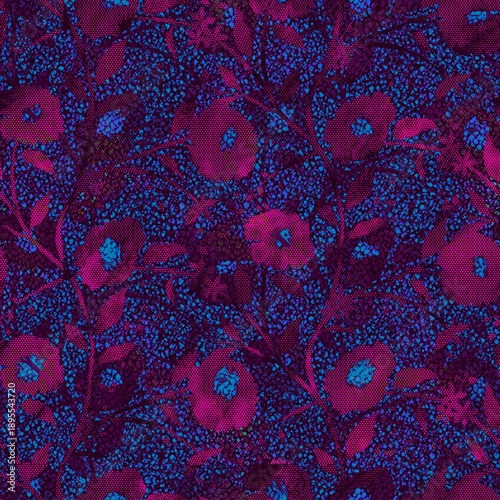 Seamless floral pattern with stylized flowers and leaves in bold purple, magenta, and blue colors. Decorative botanical background ideal for textile prints, fashion design, wallpaper, packaging.