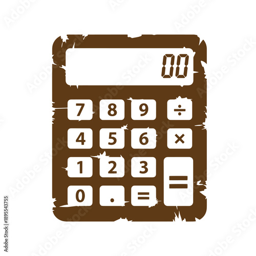 Vintage Grunge texture Vintage calculator icon with distressed edges and white buttons on brown background