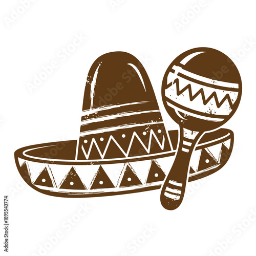 Vintage Grunge texture Sombrero and maraca musical instrument for Latin American music and dance  traditional Mexican hat and shaker