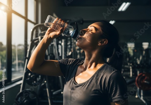 A determined woman staying hydrated after an intense gym session