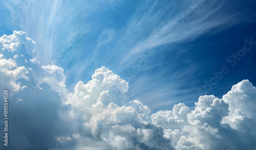 Bright blue sky with large white cumulus clouds and soft cirrus streaks, illuminated by natural daylight. The image represents calm weather, atmospheric beauty, and a peaceful natural background.