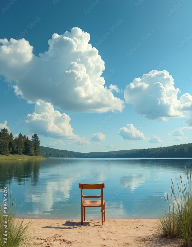 Fototapeta premium Empty chair sits on sandy shore facing calm lake water reflecting blue sky and white clouds. Forest lines distant banks, creating serene natural landscape.