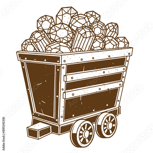 Vintage Grunge texture An illustration of a mine cart filled with crystals on white background  mining industry concept
