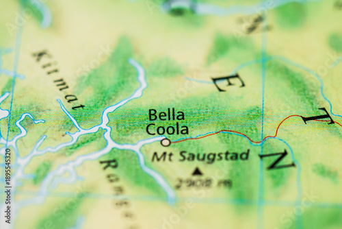 Photography Detailed map close up highlighting Bella Coola and Mount Saugstad area