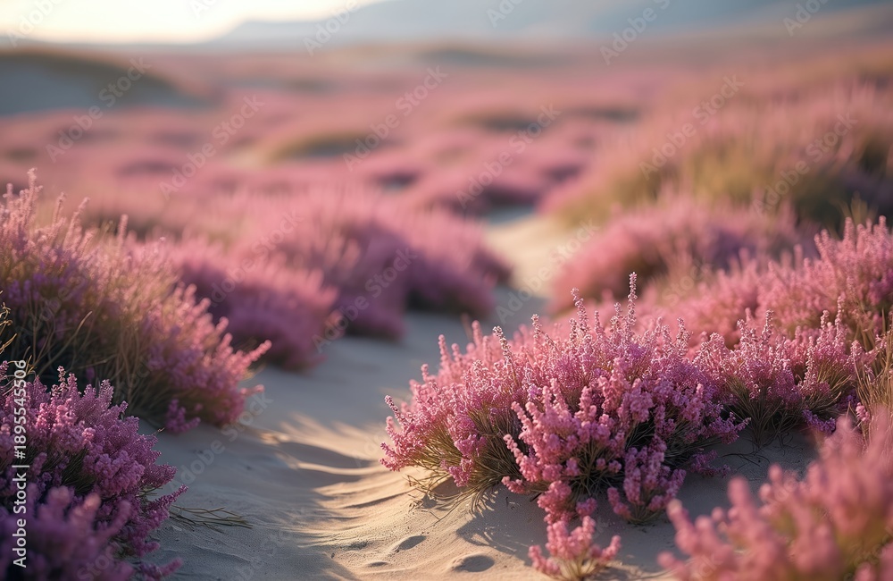 Fototapeta premium Sandy dunes covered with blooming pink heather flowers create a vibrant natural landscape. This scene shows wild flora growing in arid terrain with soft light.