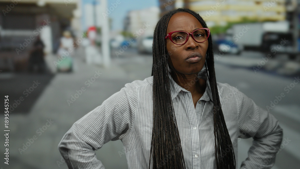 Obraz premium Woman with curly hair stands outdoors on a city street with arms crossed and a pensive expression, capturing an urban scene with buildings and vehicles around.