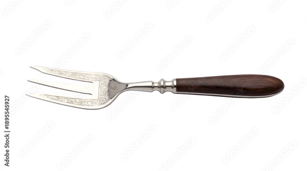 Fototapeta premium Elegant antique-style carving fork featuring ornate silver tines and a dark wooden handle