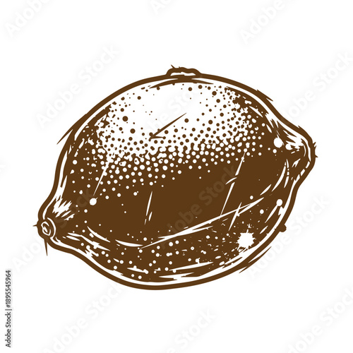 Vintage Grunge texture grayscale illustration of a lemon with a dark sepia tone on white background for design and design projects