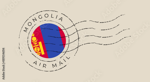 Mongolian Flag Air Mail Postmark Stamp with Vintage Distressed Texture on Beige Background for Travel Communication.
