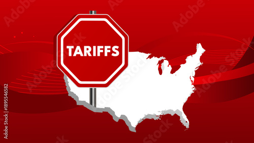 USA import tariffs - white map with stop sign on red background, trade policy banner vector illustration