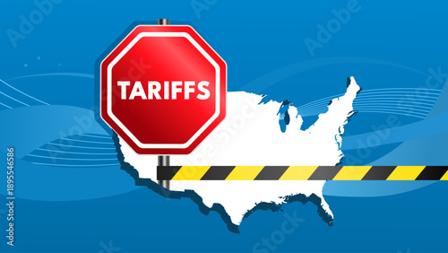 USA tariffs - map with stop sign and warning tape, trade barrier banner vector illustration