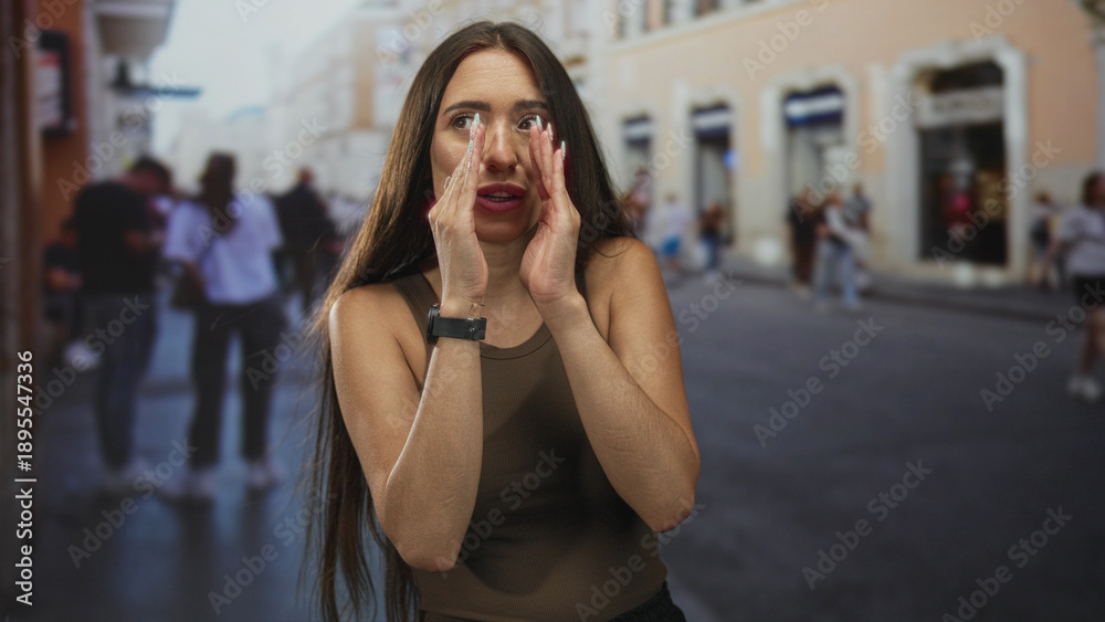 Fototapeta premium Woman cupping hands to mouth on a busy city street with blurred pedestrians and storefronts, calling out loudly; urgent call for help.
