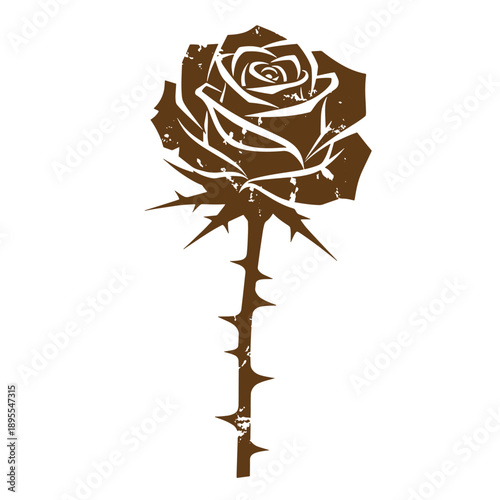 Vintage Grunge texture Grungy rose silhouette with thorns on white background  a distressed illustration of a single flower
