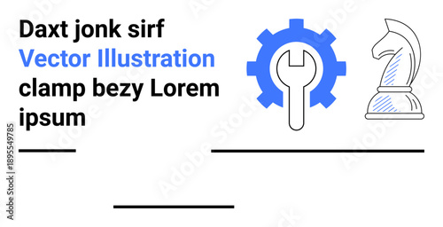 Business strategy, technical solutions, innovation, problem-solving, strategic planning, decision-making. A wrench in a gear, knight chess piece and dynamic text. Business strategy and technical