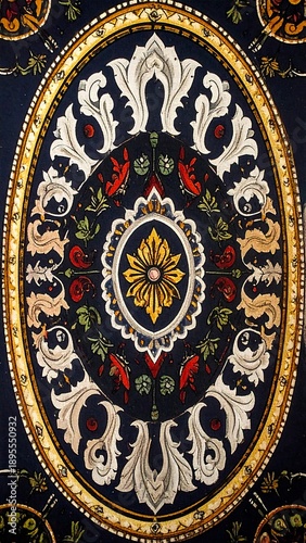 Ornate oval medallion on a dark blue surface with white, gold, red, and green details