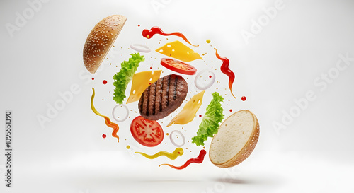 Deconstructed burger with ingredients spinning chaotically in mid-air, joyful food chaos concept, playful and creative style