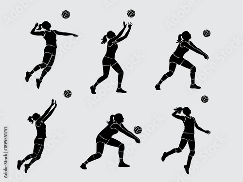 Vector silhouette set of female volleyball players with various playing styles isolated on grey background