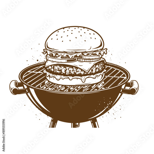 Vintage Grunge texture grilled hamburger on barbecue grill with grill marks on meat and toasted bun