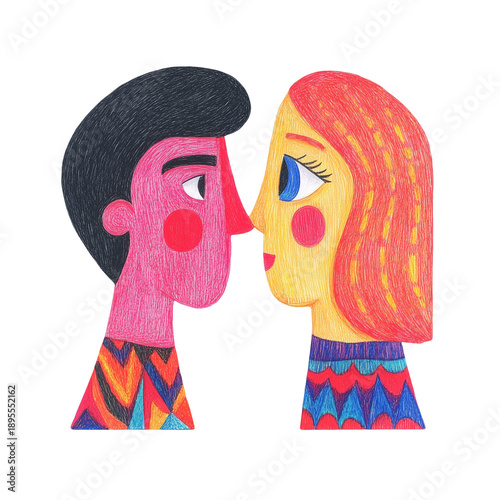 Illustration of two people facing each other closely.
