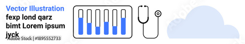 Test tubes with blue liquid, stethoscope, and cloud icon. Ideal for healthcare, data storage, lab research, diagnostics, medical technology, science simple landing page