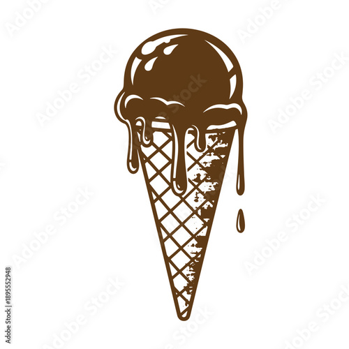 Vintage Grunge texture melting chocolate ice cream on a crispy waffle cone sweet treat