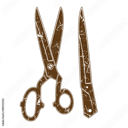 Vintage Grunge texture scissors and a knife on white background