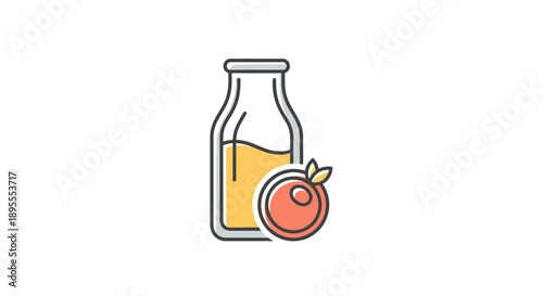 Simple illustration of a glass bottle with orange juice and an orange.