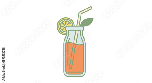 Refreshing orange drink in a glass bottle with straw and slice.