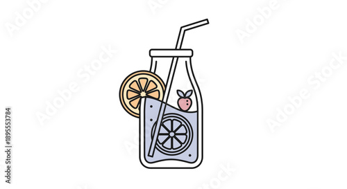 Illustration of a refreshing drink in a bottle with a straw and lemon slice.