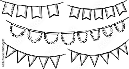 Party garland set with flag, bunting, pennant. Hand drawn sketch doodle style garland