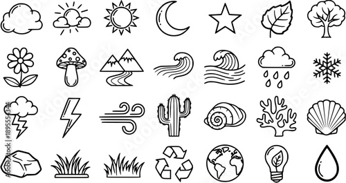 Nature, Weather, and Environment Hand-drawn Line Art Icons Set. Doodle Symbols of Natural Elements and Phenomena