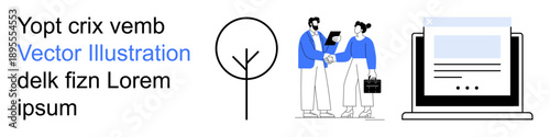 Business communication, teamwork, web development, business services, minimalistic visuals, online content. Handshake between two figures, laptop browser and a tree icon. Business communication